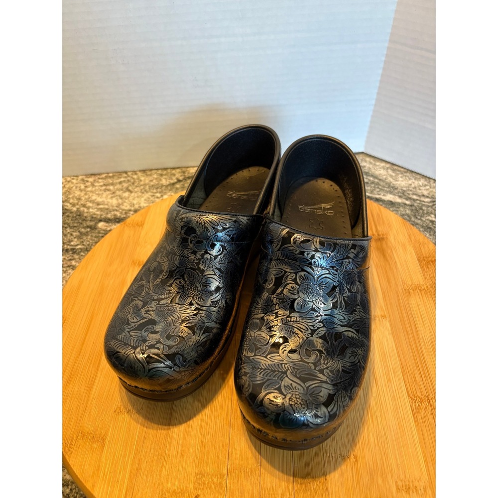 Dansko Professional Clogs Women's Size 38‎ Black Floral Leather Comfort Shoes